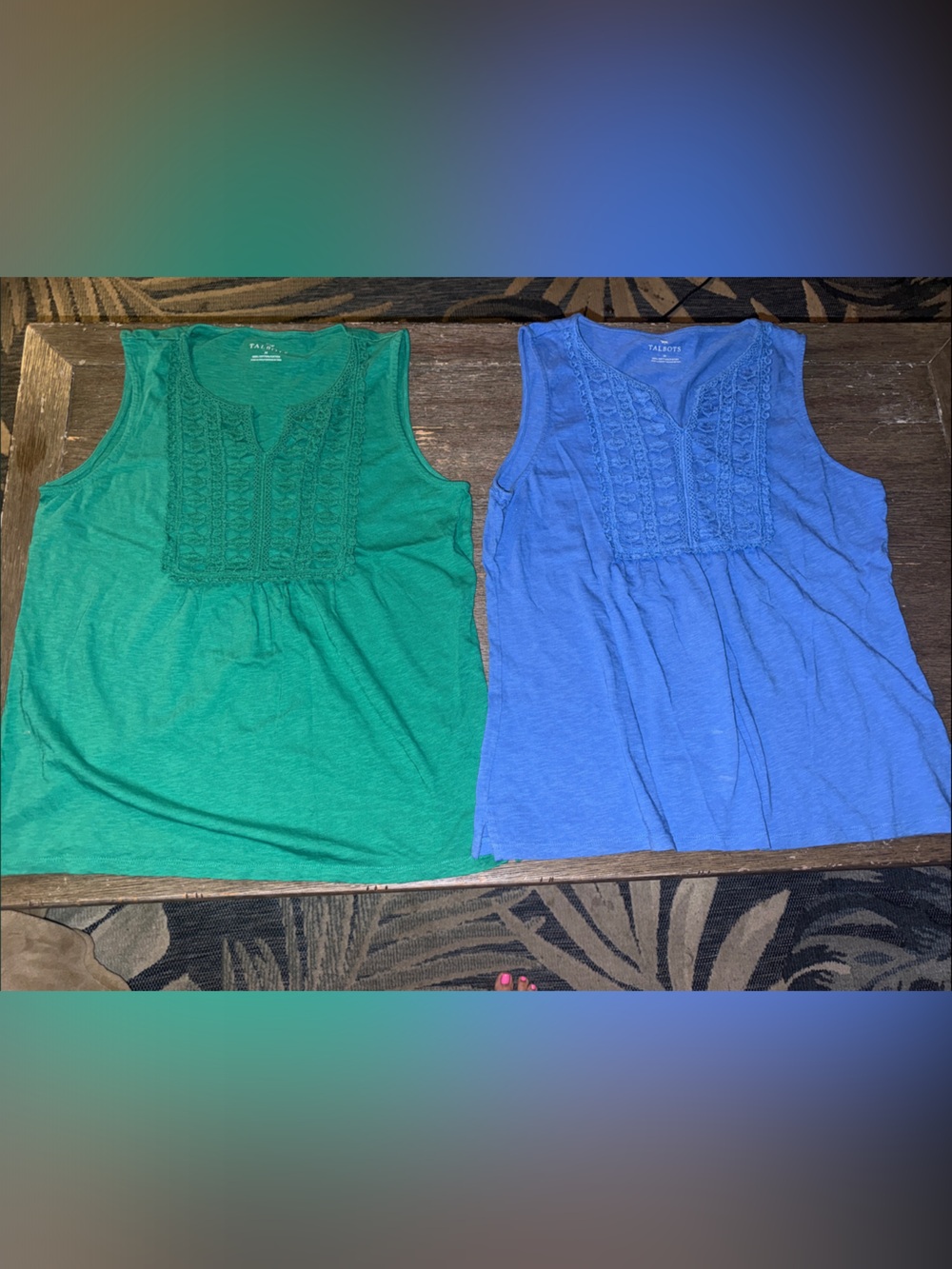 2 women’s Talbots green blue M Embroidered Tank Tops EUC